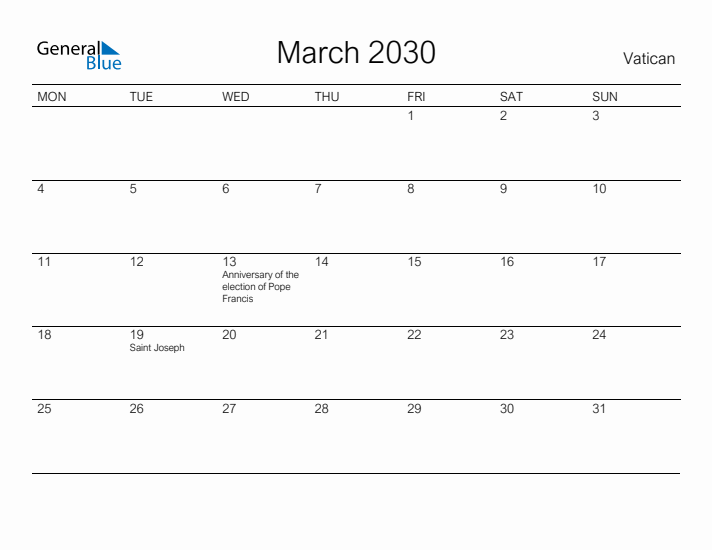 Printable March 2030 Calendar for Vatican
