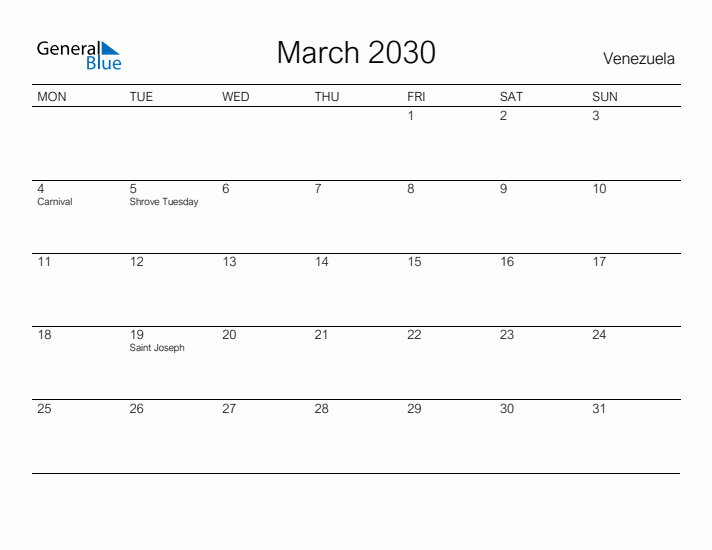 Printable March 2030 Calendar for Venezuela