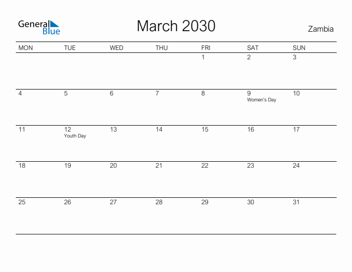 Printable March 2030 Calendar for Zambia