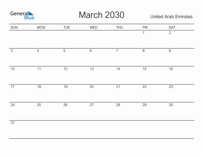 Printable March 2030 Calendar for United Arab Emirates