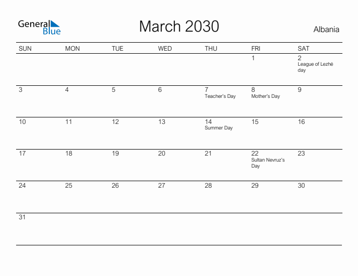 Printable March 2030 Calendar for Albania