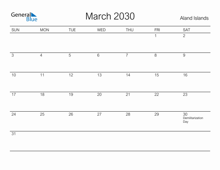 Printable March 2030 Calendar for Aland Islands