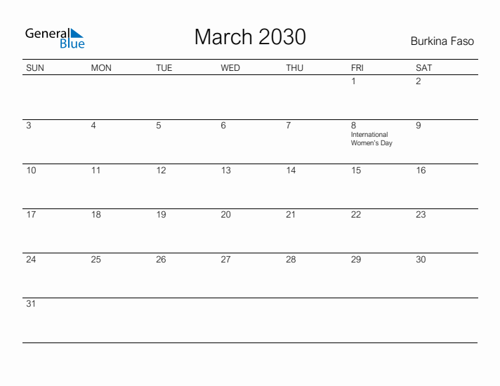 Printable March 2030 Calendar for Burkina Faso