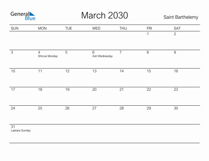 Printable March 2030 Calendar for Saint Barthelemy