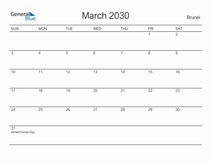 Printable March 2030 Calendar for Brunei