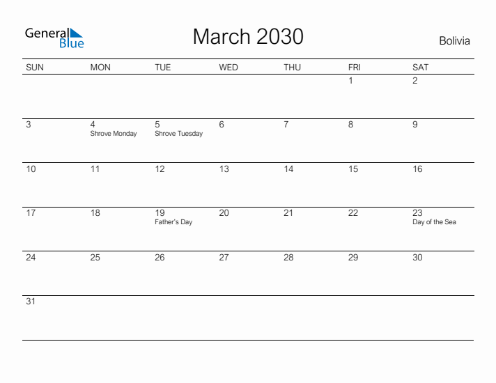Printable March 2030 Calendar for Bolivia