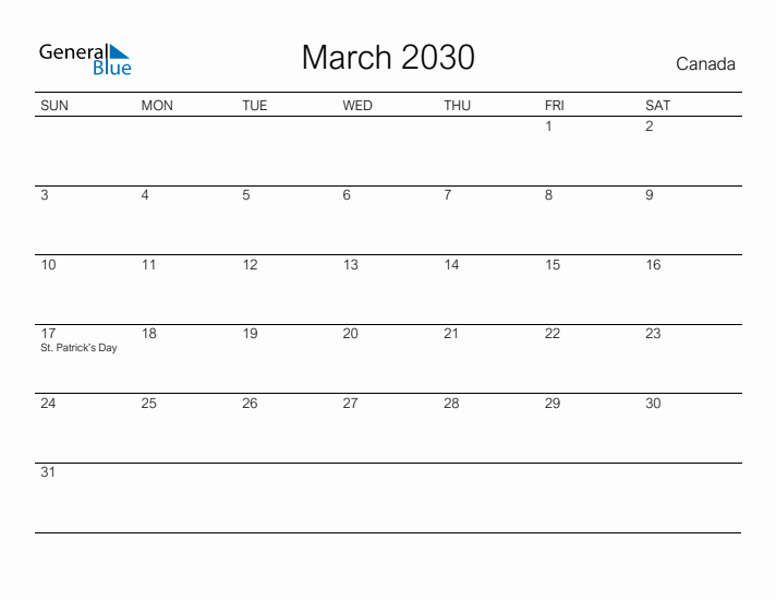 Printable March 2030 Calendar for Canada