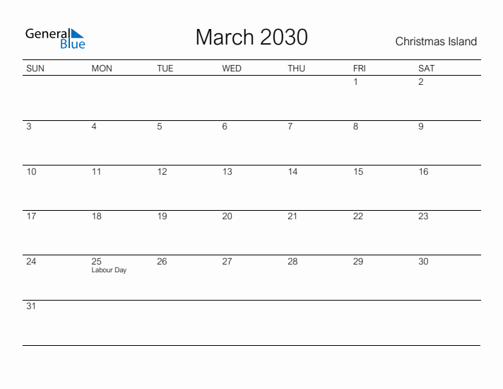 Printable March 2030 Calendar for Christmas Island