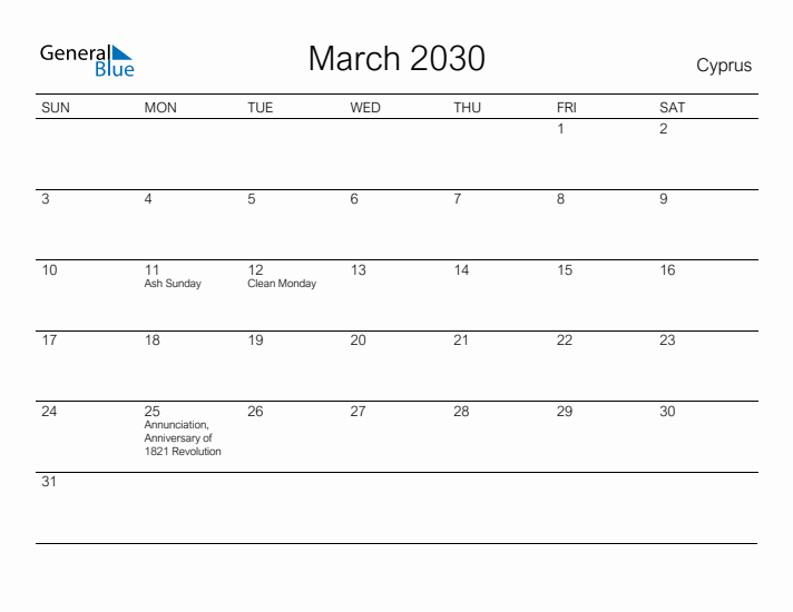 Printable March 2030 Calendar for Cyprus