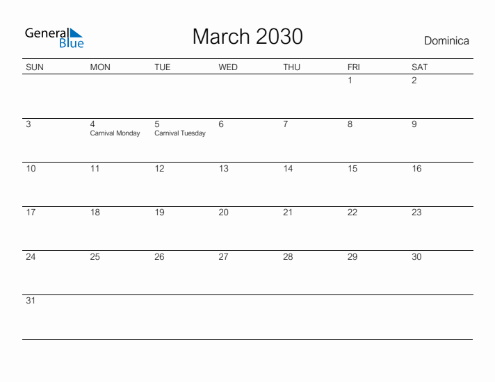 Printable March 2030 Calendar for Dominica