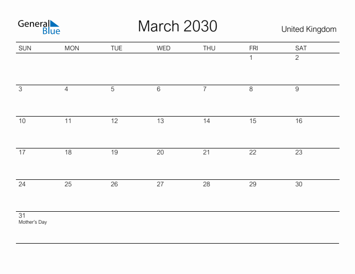 Printable March 2030 Calendar for United Kingdom