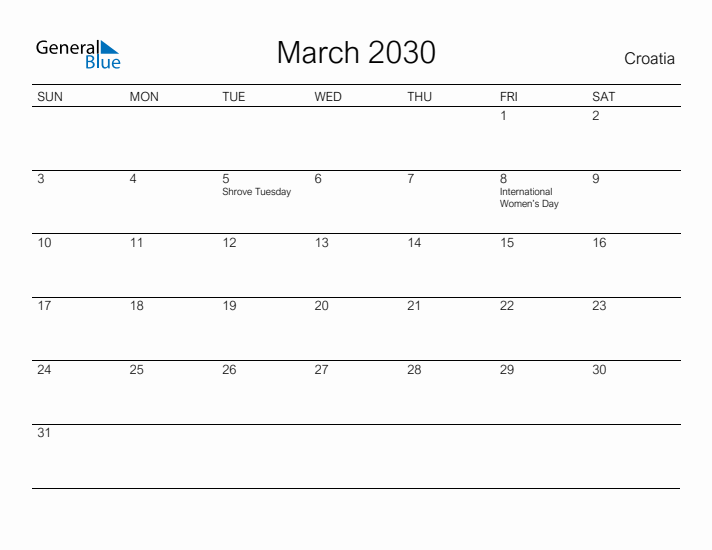 Printable March 2030 Calendar for Croatia
