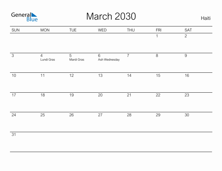 Printable March 2030 Calendar for Haiti