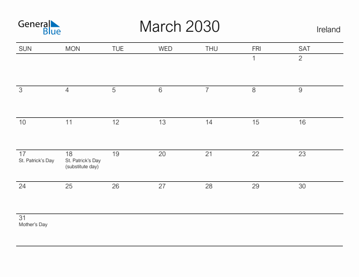 Printable March 2030 Calendar for Ireland