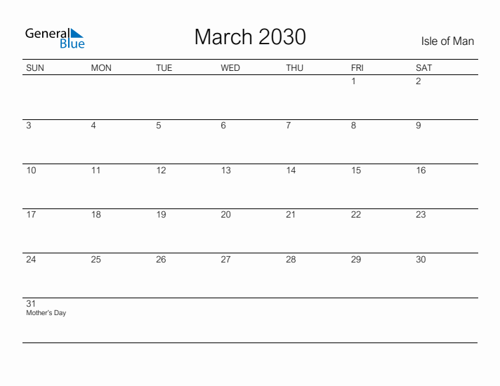 Printable March 2030 Calendar for Isle of Man