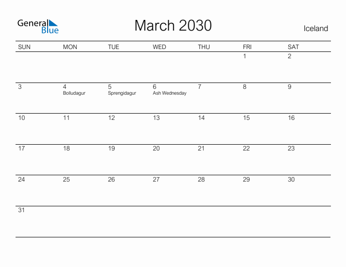 Printable March 2030 Calendar for Iceland