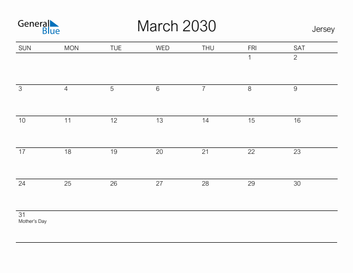 Printable March 2030 Calendar for Jersey