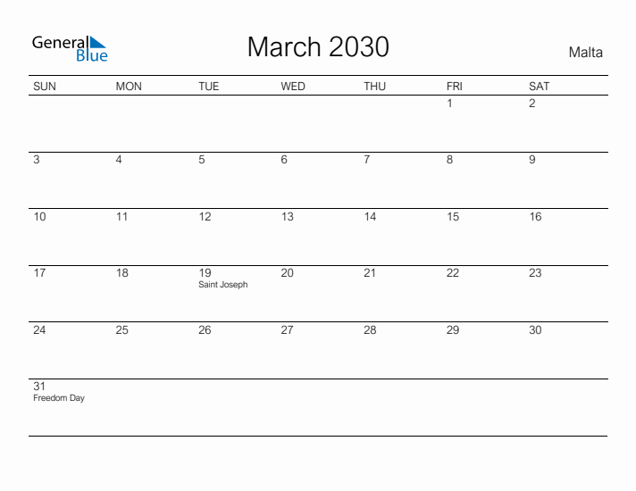 Printable March 2030 Calendar for Malta