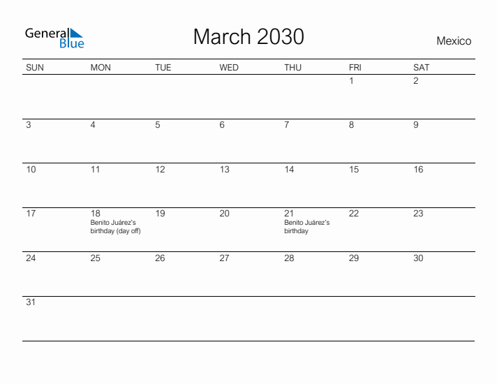 Printable March 2030 Calendar for Mexico