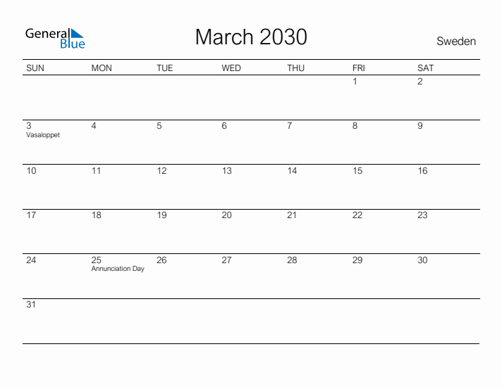 Printable March 2030 Calendar for Sweden