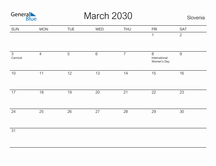 Printable March 2030 Calendar for Slovenia