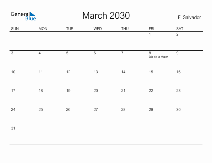 Printable March 2030 Calendar for El Salvador