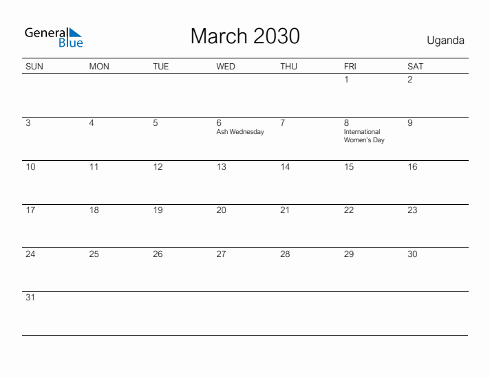 Printable March 2030 Calendar for Uganda