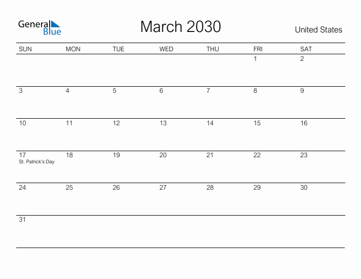 Printable March 2030 Calendar for United States
