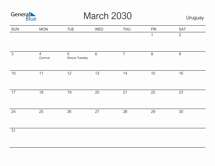 Printable March 2030 Calendar for Uruguay