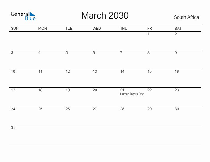 Printable March 2030 Calendar for South Africa