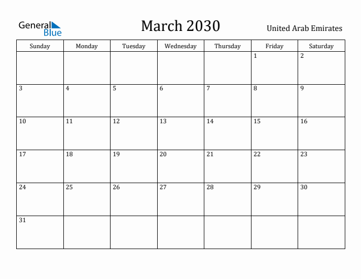 March 2030 Calendar United Arab Emirates