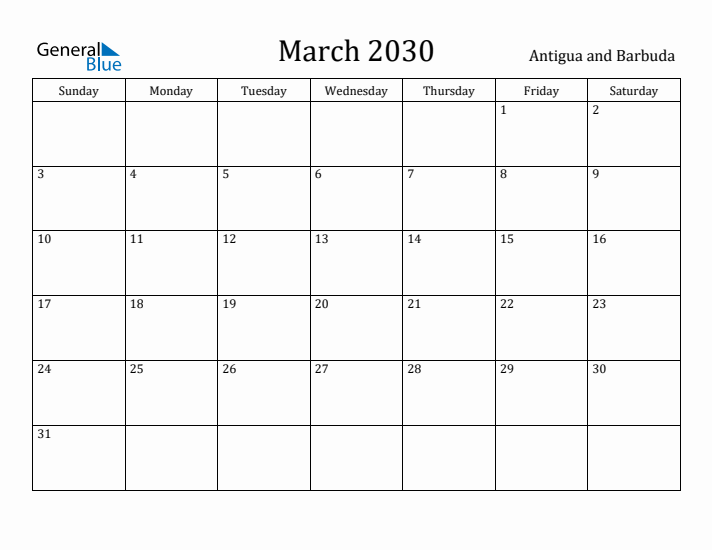 March 2030 Calendar Antigua and Barbuda