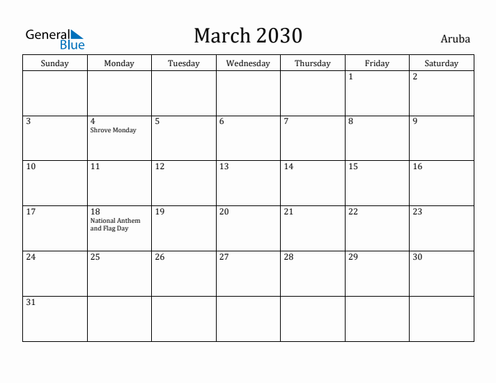 March 2030 Calendar Aruba