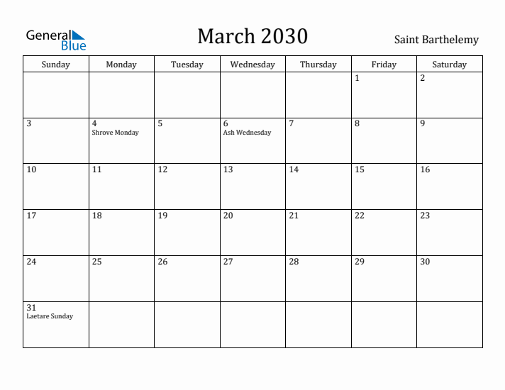 March 2030 Calendar Saint Barthelemy