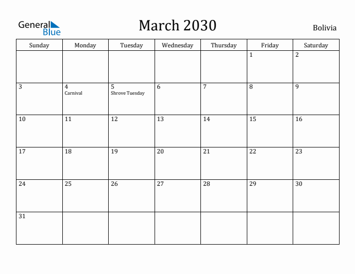 March 2030 Calendar Bolivia