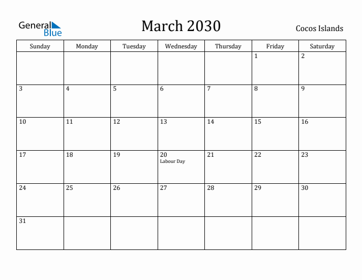 March 2030 Calendar Cocos Islands