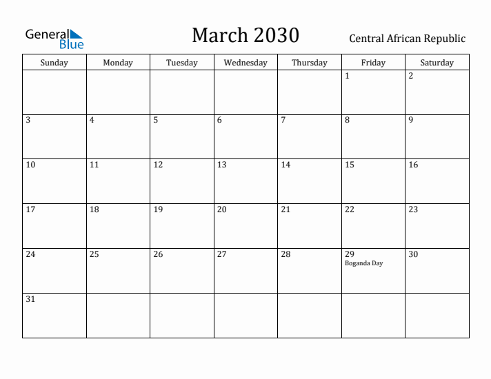 March 2030 Calendar Central African Republic