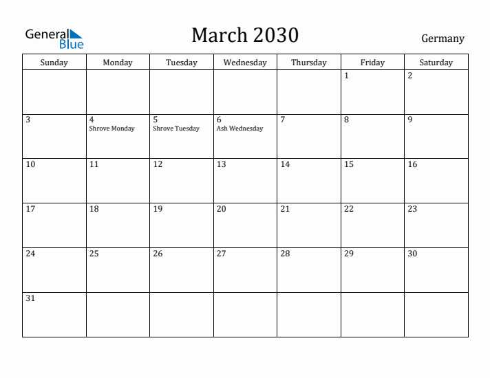 March 2030 Calendar Germany