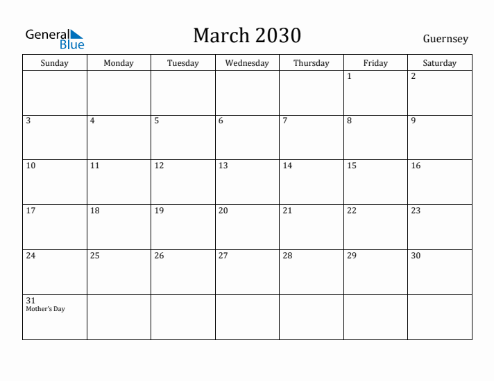 March 2030 Calendar Guernsey