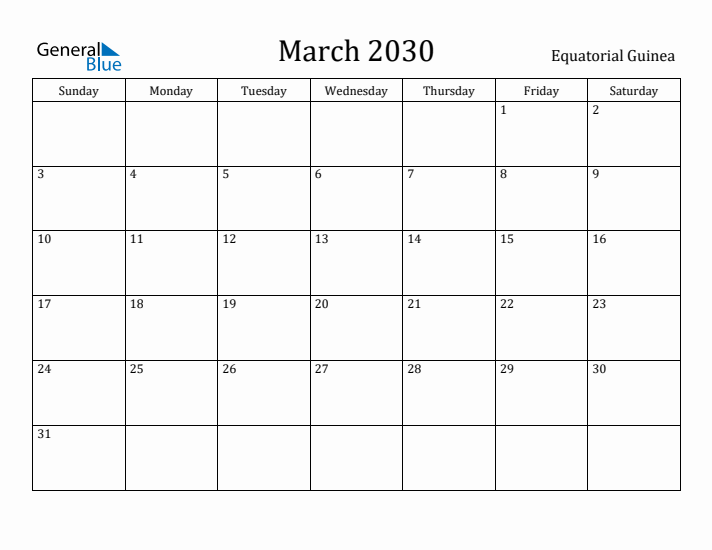 March 2030 Calendar Equatorial Guinea