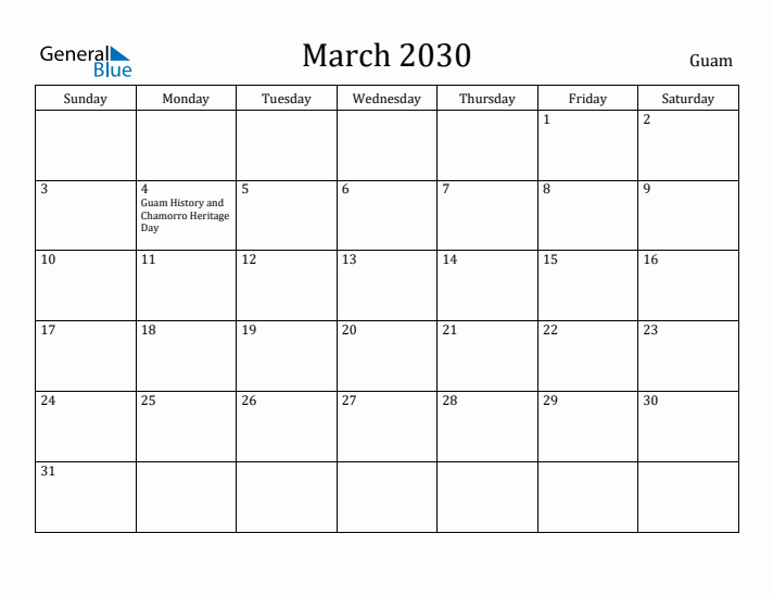 March 2030 Calendar Guam