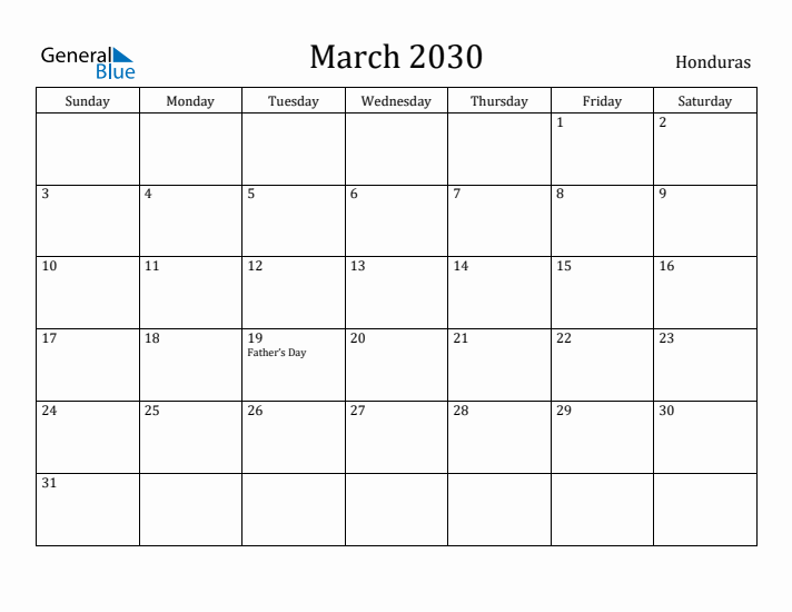 March 2030 Calendar Honduras