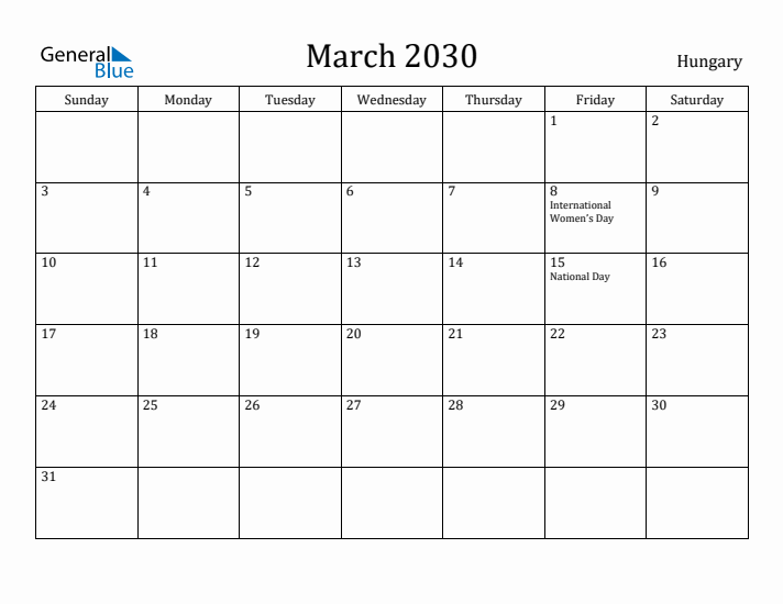 March 2030 Calendar Hungary