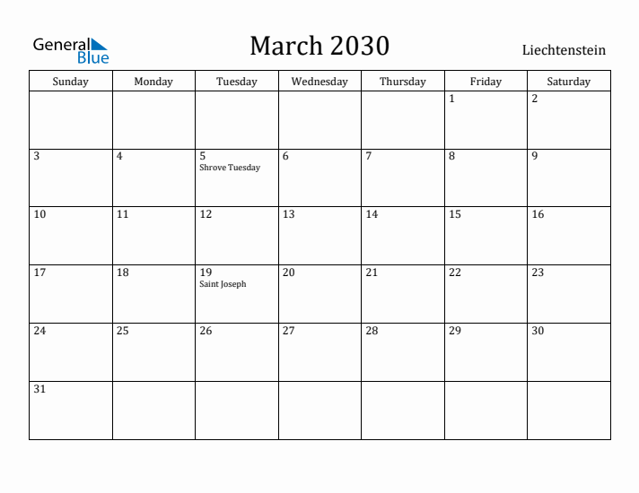 March 2030 Calendar Liechtenstein