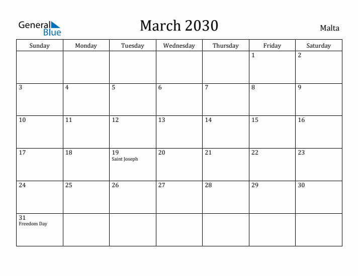 March 2030 Calendar Malta