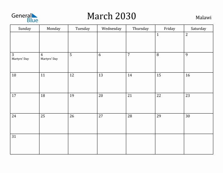 March 2030 Calendar Malawi