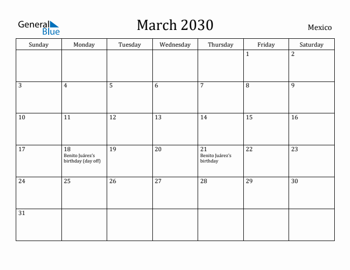 March 2030 Calendar Mexico