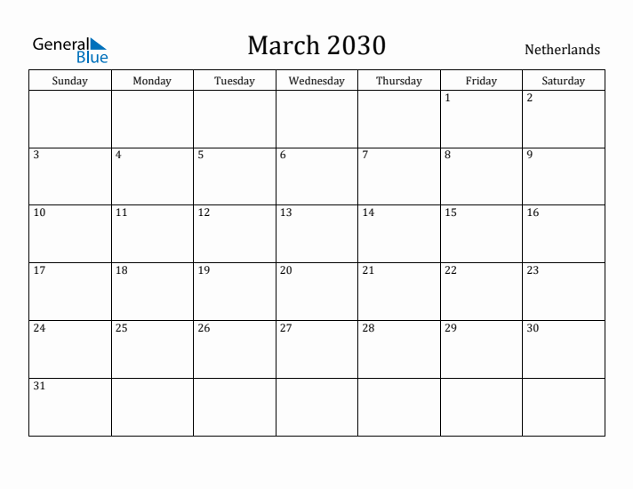 March 2030 Calendar The Netherlands