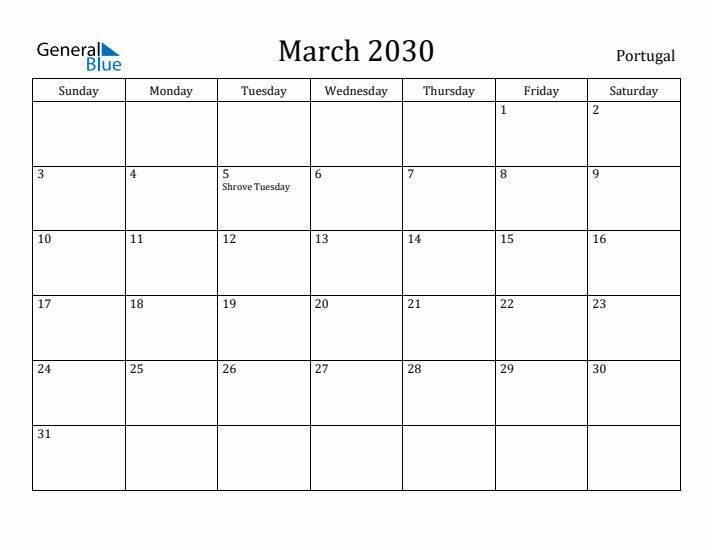 March 2030 Calendar Portugal