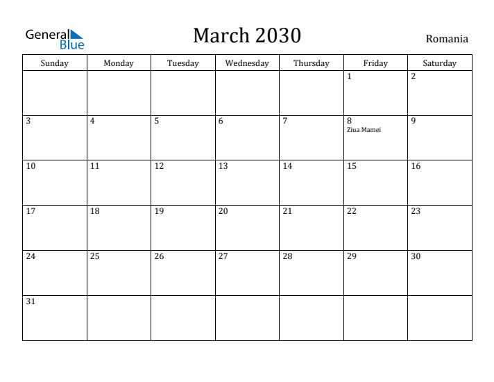 March 2030 Calendar Romania